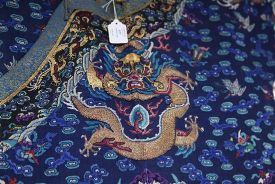 A Chinese embroidered blue silk gauze and metal thread Summer dragon robe, Jifu, 19th century,